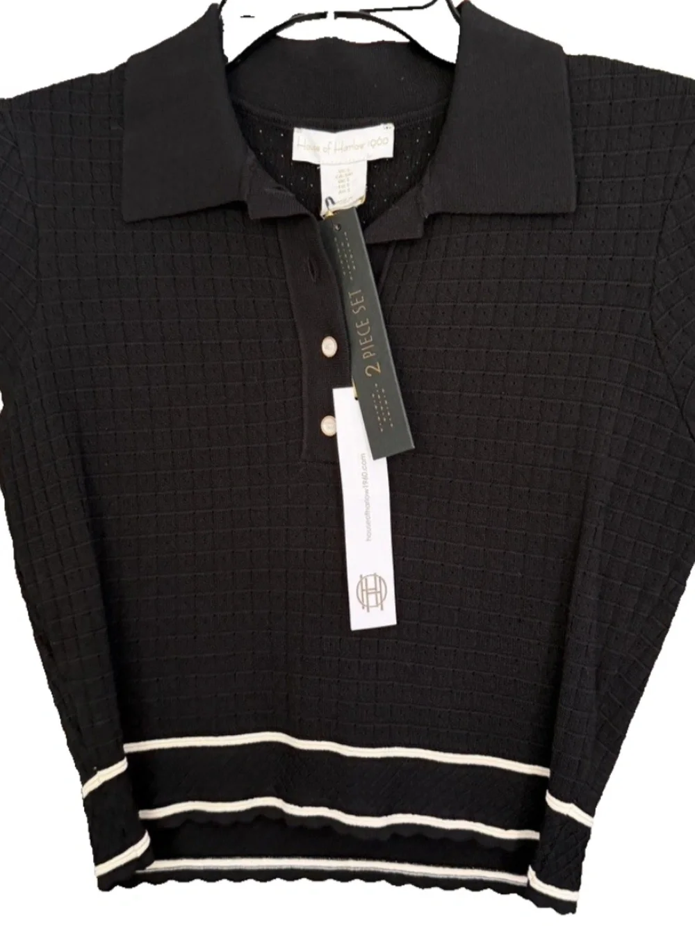 NEW House of Harlow 1960 2 Pc. Knit Set polo top Mini Skirt Black White Small